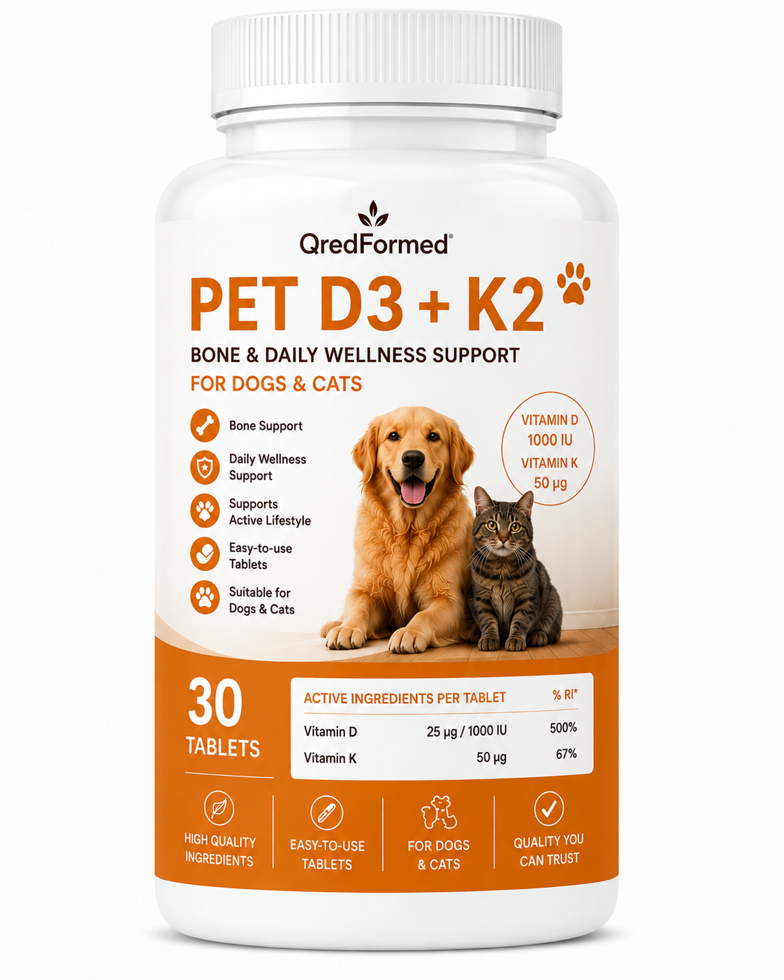 PET D3 + K2 - Bone & Daily Wellness Support for Dogs & Cats - 30 Tablets