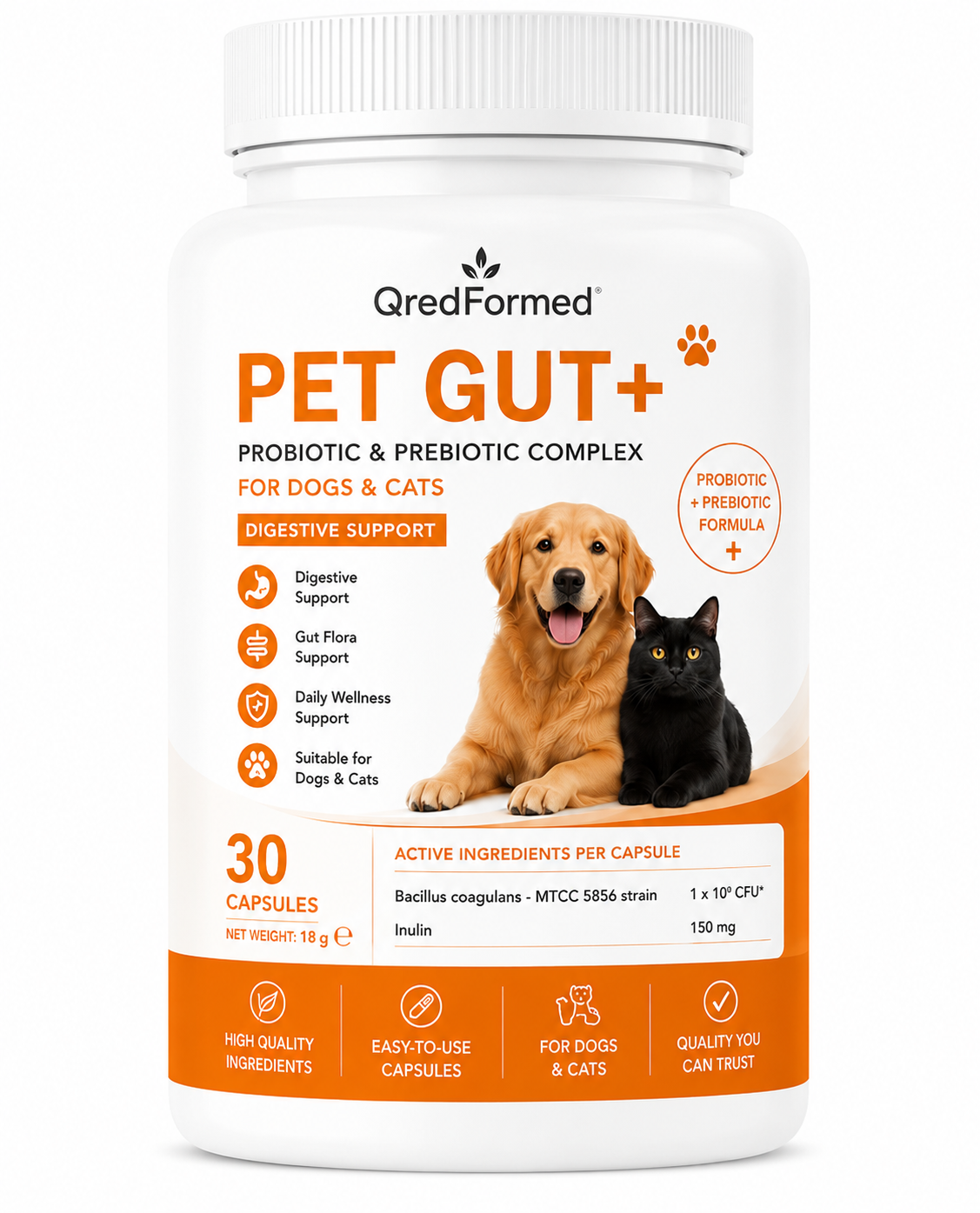 PET GUT+ - Probiotic & Prebiotic Complex for Dogs & Cats - 30 Capsules