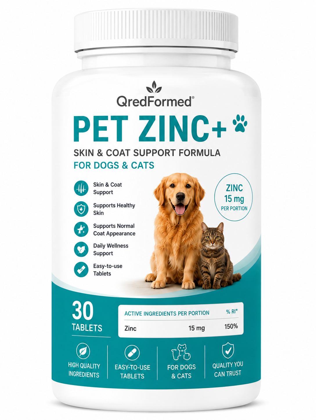 PET ZINC+ - Skin & Coat Support Formula for Dogs & Cats - 30 Tablets