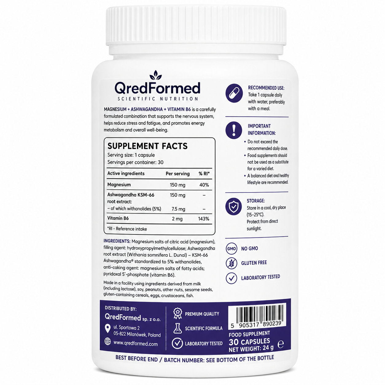 MAGNESIUM + ASHWAGANDHA + VITAMIN B6 - 30 Capsules