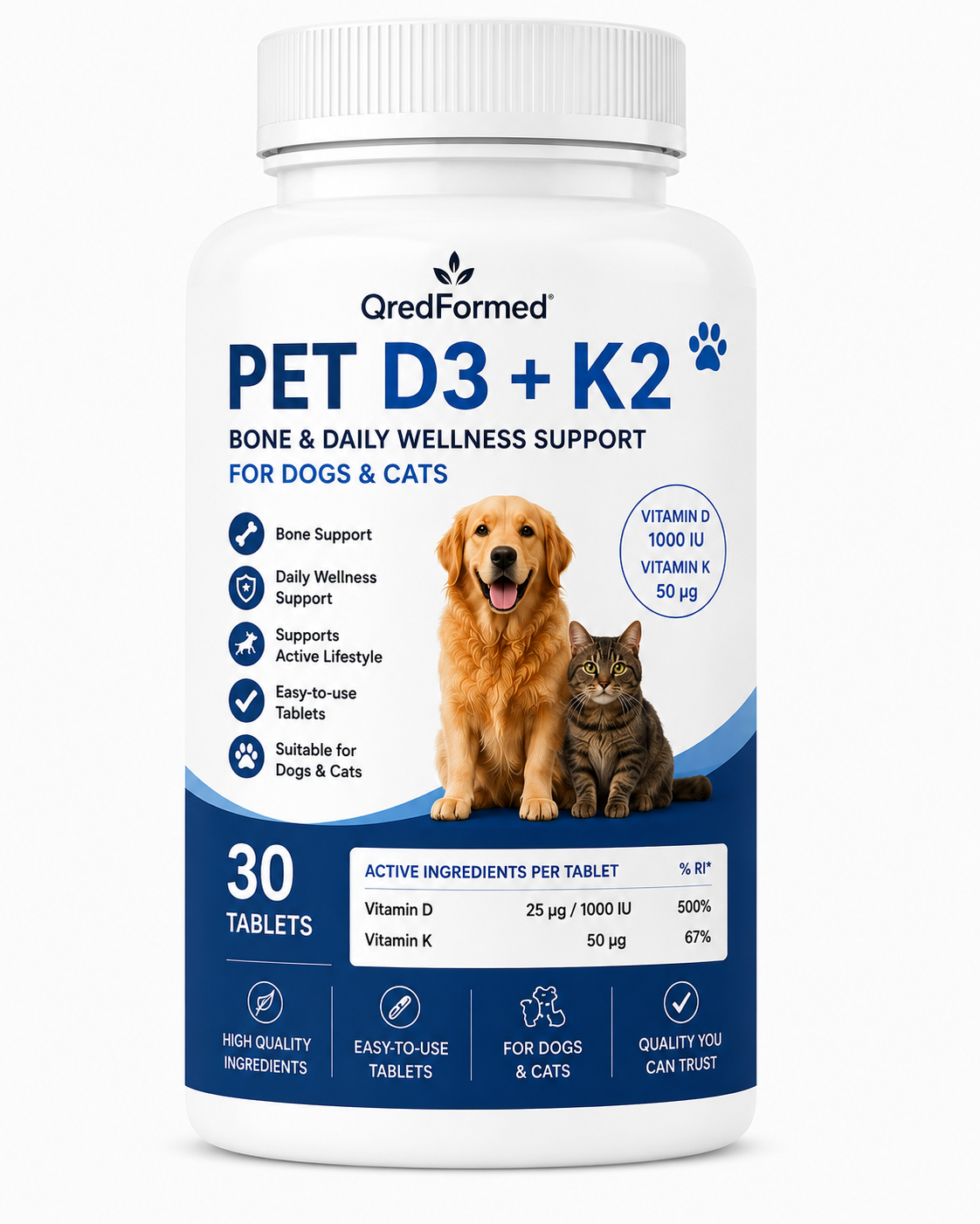 PET D3 + K2 - Bone & Daily Wellness Support for Dogs & Cats - 30 Tablets
