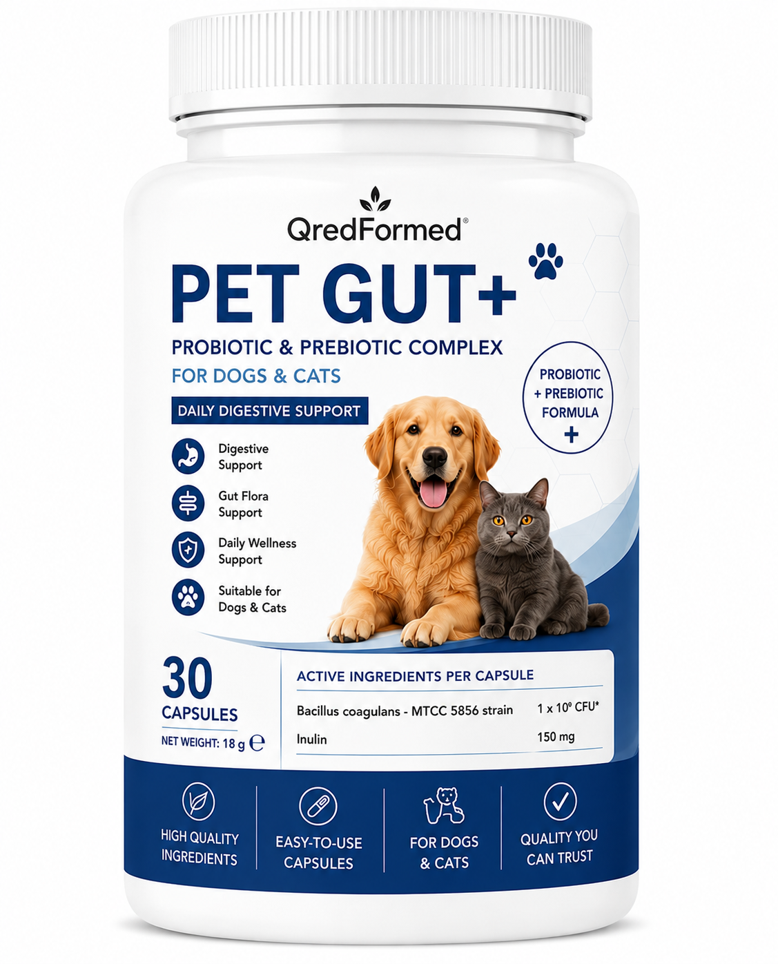 PET GUT+ - Probiotic & Prebiotic Complex for Dogs & Cats - 30 Capsules