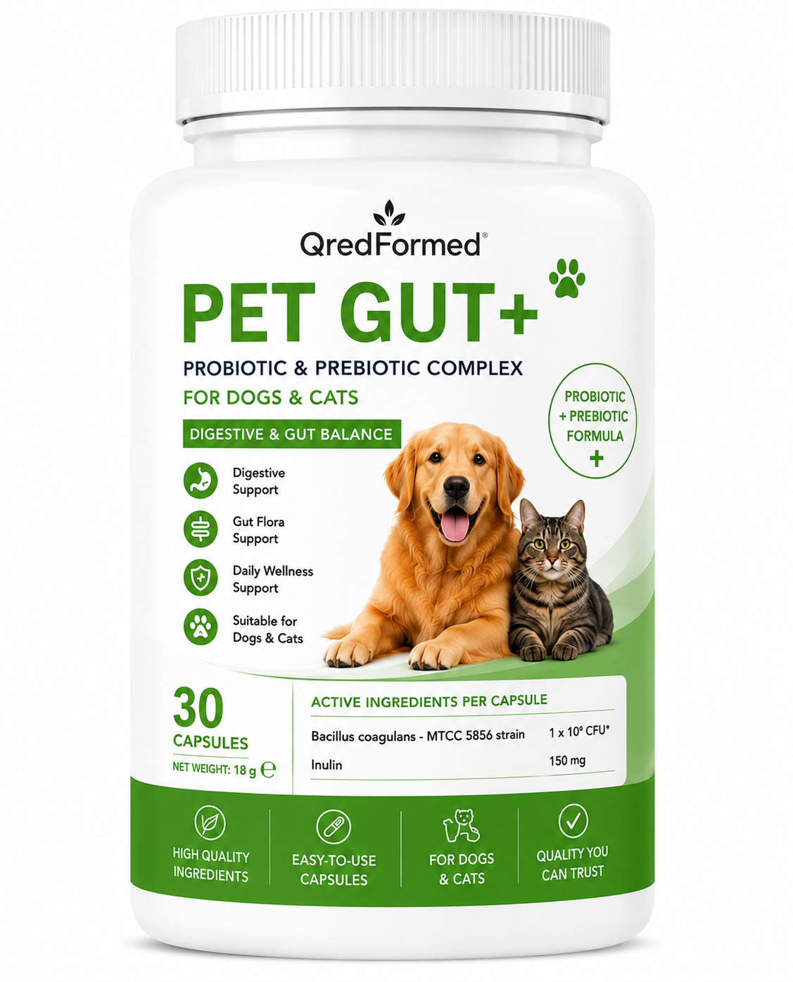 PET GUT+ - Probiotic & Prebiotic Complex for Dogs & Cats - 30 Capsules